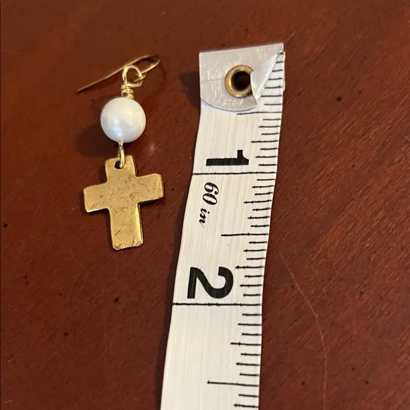 Gold Cross Dangle Earrings with White Pearl - Picture 2 of 3
